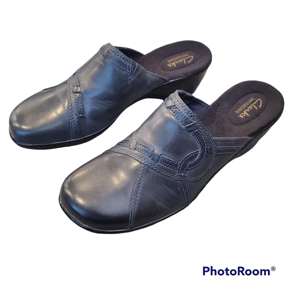 Clarks Bendables 9.5W Gray Leather Clogs Mules Comfort Wide Width Shoes 60615